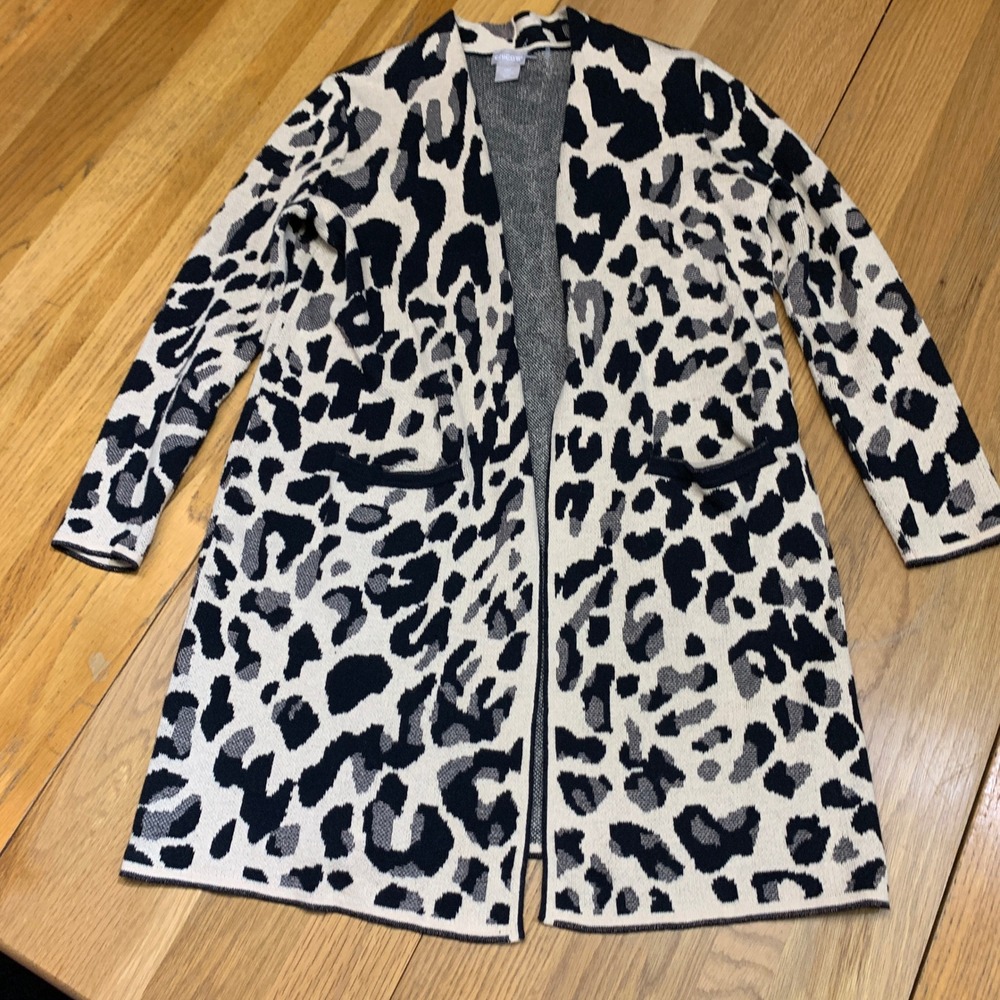 Chicos Leopard Print Open Front Long Sleeve Cardigan Sweater Women Size Small P‎